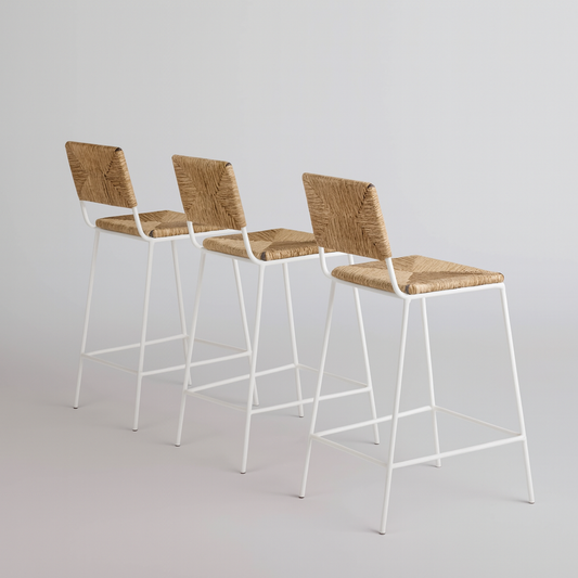 Set de 3 tabourets de comptoir 'Campagne' blanc en pailles tressées