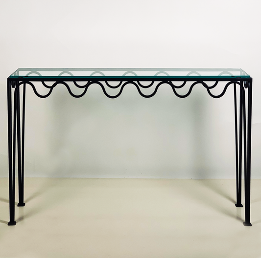 Paire de console 'Méandre' avec plateau en verre