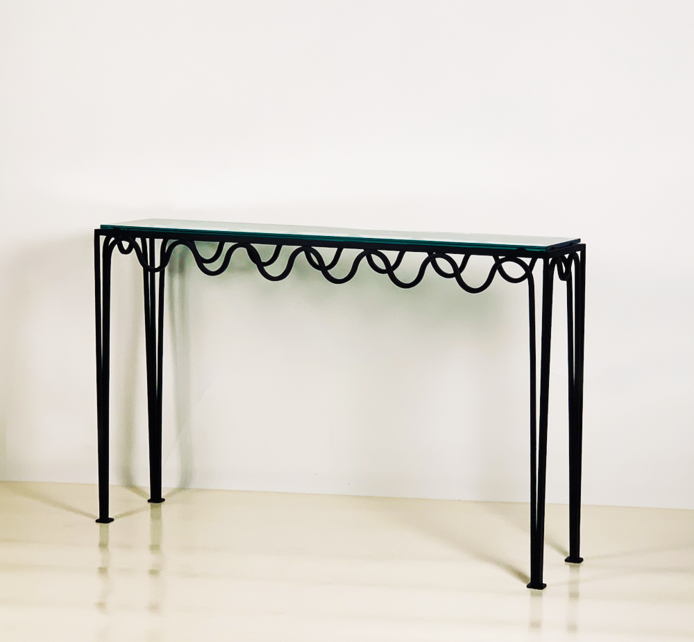 Paire de console 'Méandre' avec plateau en verre