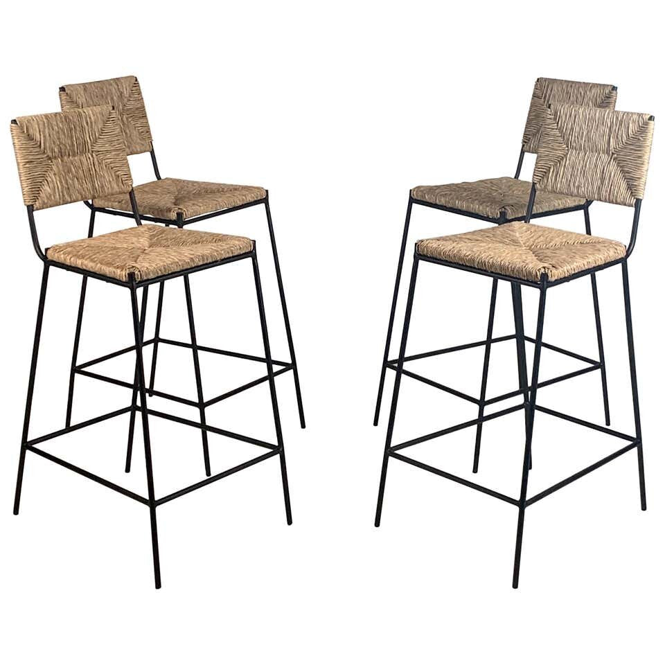 Set de 4 tabourets de comptoir 'Campagne' noire en paille de seigle