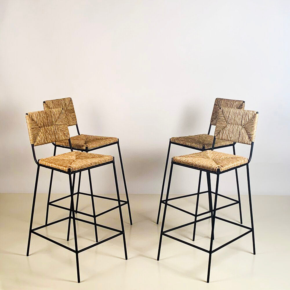 Set de 4 tabourets de comptoir 'Campagne' noire en paille de seigle