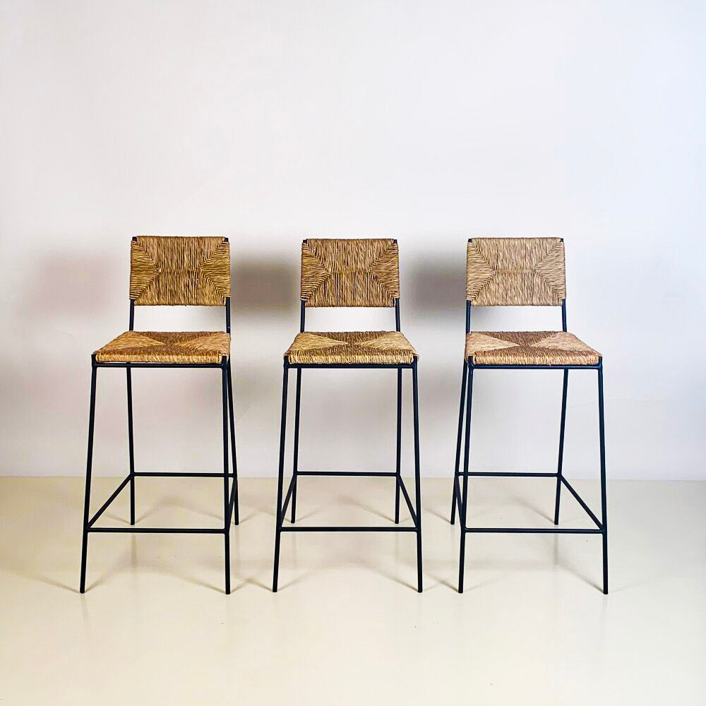 Set de 4 tabourets de comptoir 'Campagne' noire en paille de seigle