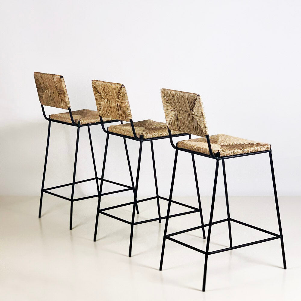 Set de 4 tabourets de comptoir 'Campagne' noire en paille de seigle