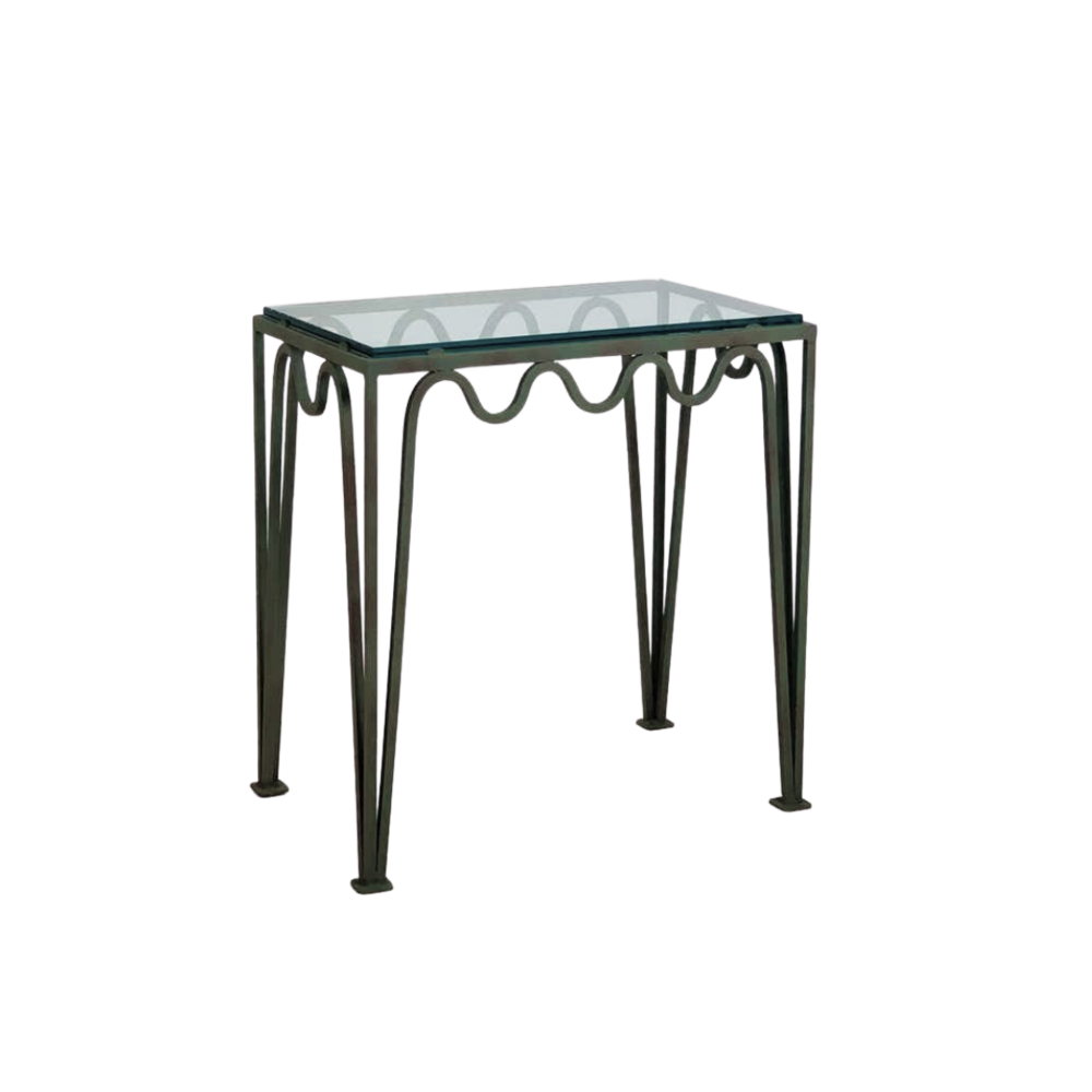 Table d'appoint verdigris 'Méandre' avec plateau en verre