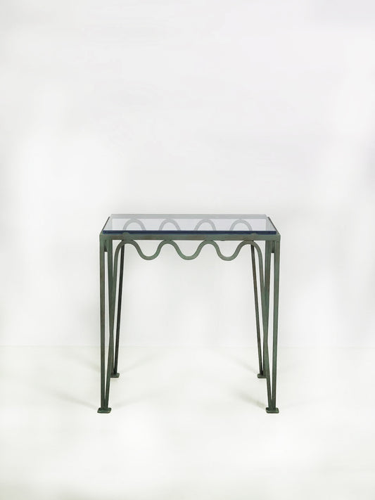Table d'appoint verdigris 'Méandre' avec plateau en verre