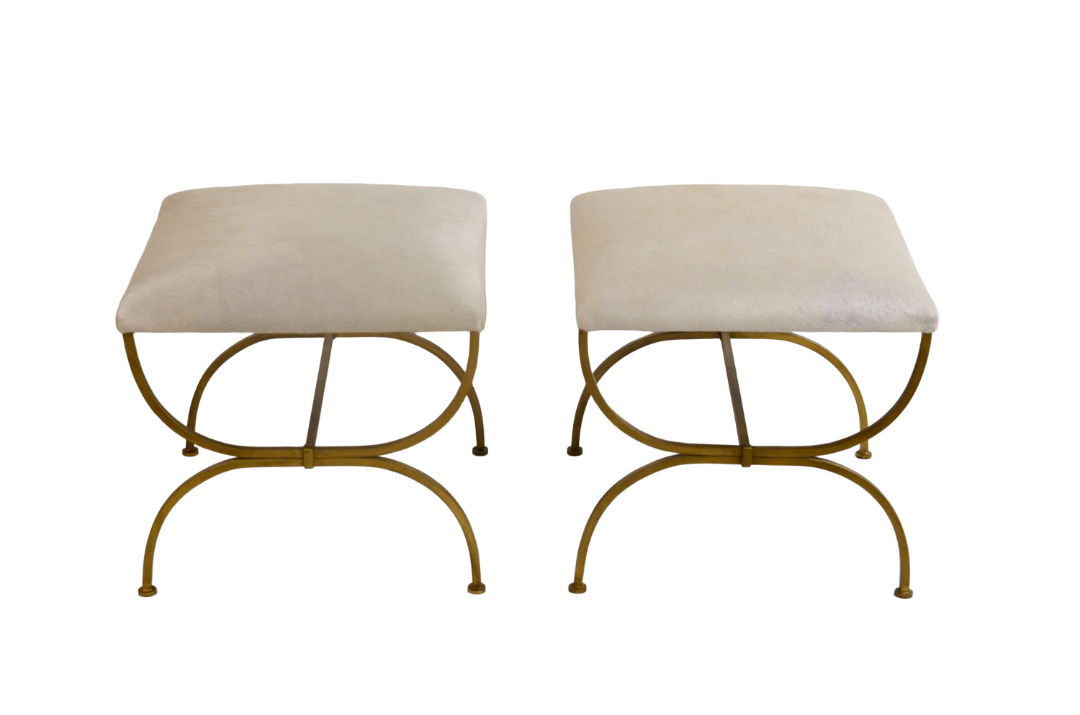 Paire de grands strapontin 'Arcade' doré en peau de vache